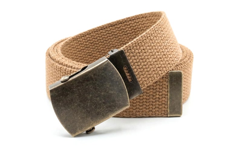 BC Belts Canvas Web Belt Military Style with Antique Brass Buckle and Tip 50" Long (Light Brown) - Image 3